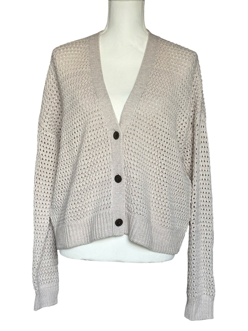 ATM Anthony Thomas Melillo Merino Wool Open Knit Cardigan Sweater Light Grey M